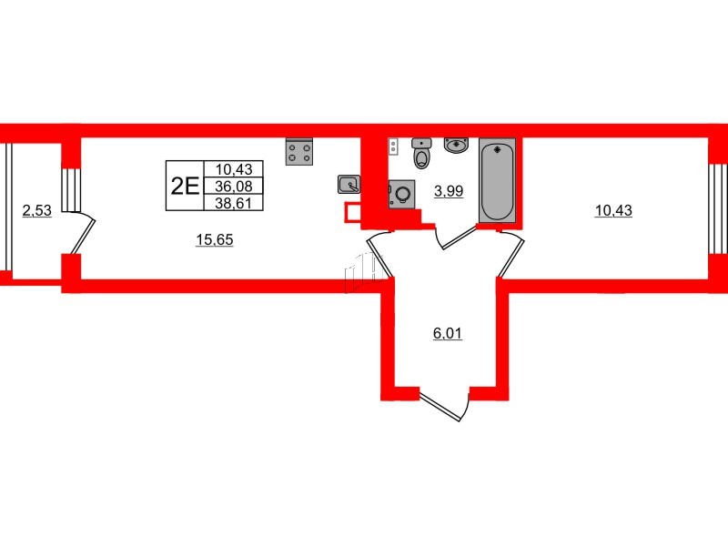 Квартира в ЖК «Новая история», 1 комнатная, 38.61 м², 5 этаж