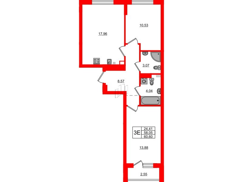 Квартира в ЖК «Новая история», 2 комнатная, 60.6 м², 1 этаж