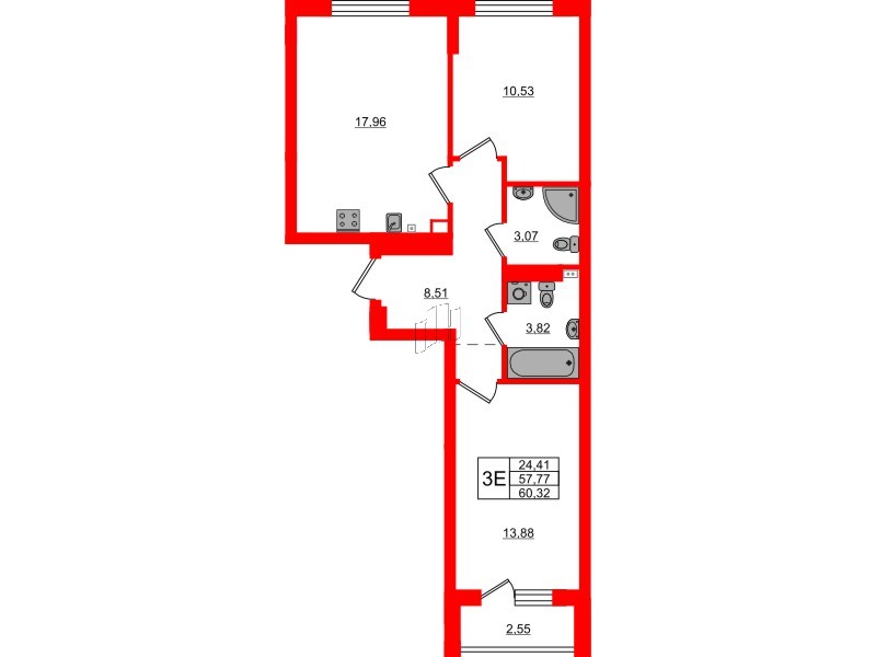 Квартира в ЖК «Новая история», 2 комнатная, 60.32 м², 3 этаж