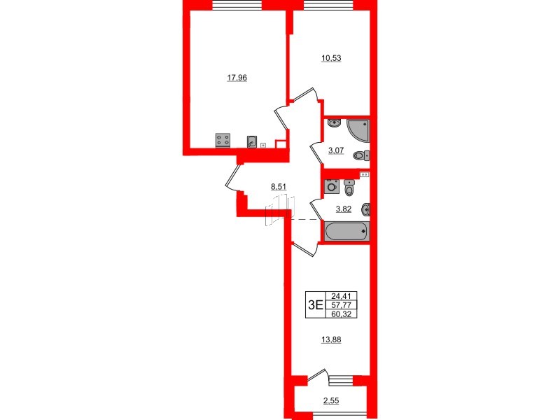 Квартира в ЖК «Новая история», 2 комнатная, 60.32 м², 4 этаж