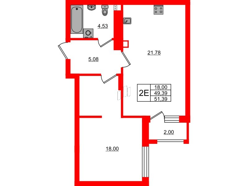 Квартира в ЖК «Новая история», 1 комнатная, 51.39 м², 2 этаж