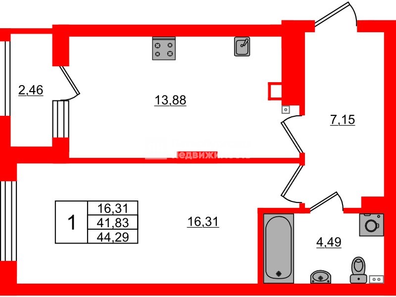 Квартира в ЖК «Новая история», 1 комнатная, 44.29 м², 2 этаж