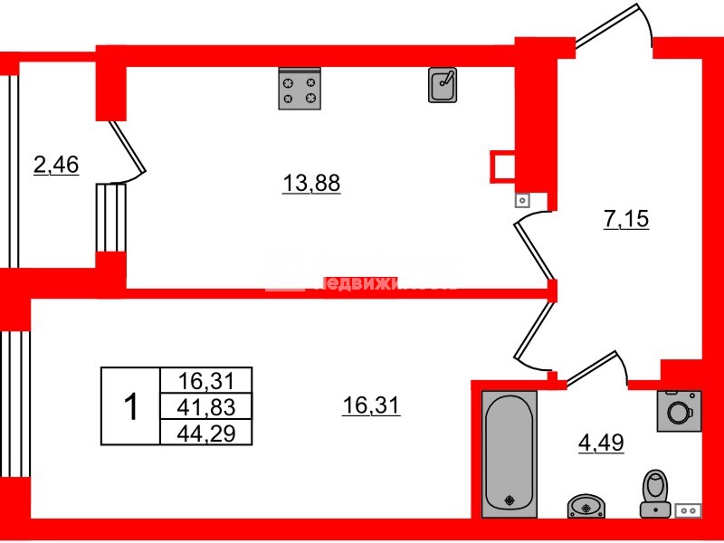 Квартира в ЖК «Новая история», 1 комнатная, 44.29 м², 5 этаж