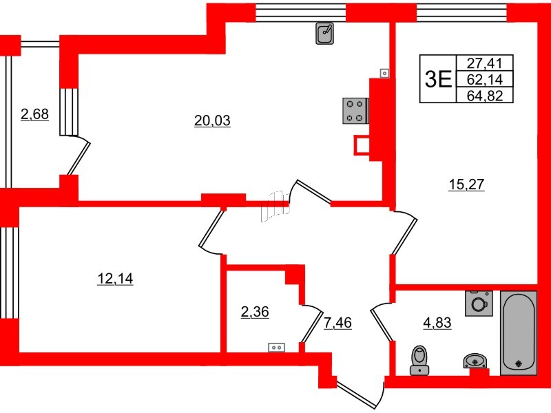 Квартира в ЖК «Новая история», 2 комнатная, 64.82 м², 1 этаж