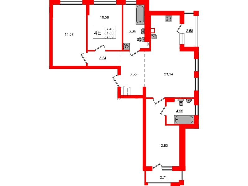 Квартира в ЖК «Новая история», 3 комнатная, 87.09 м², 3 этаж