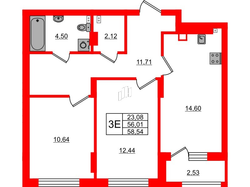 Квартира в ЖК «Новая история», 2 комнатная, 58.54 м², 1 этаж