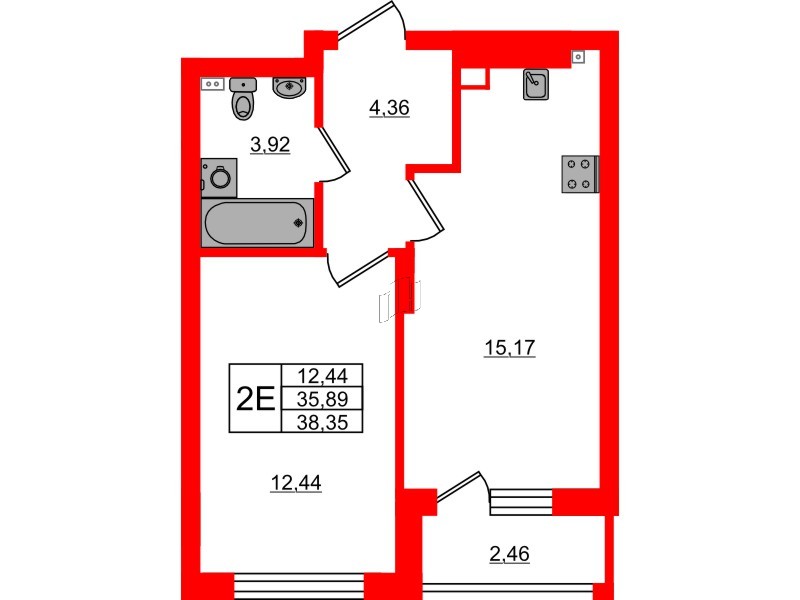 Квартира в ЖК «Новая история», 1 комнатная, 38.35 м², 3 этаж