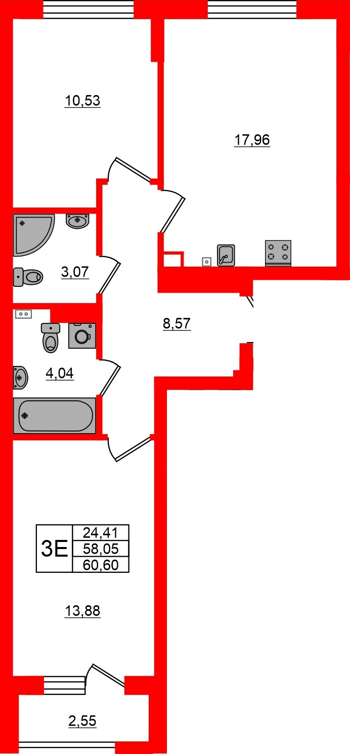 Квартира в ЖК «Новая история», 2 комнатная, 60.6 м², 1 этаж