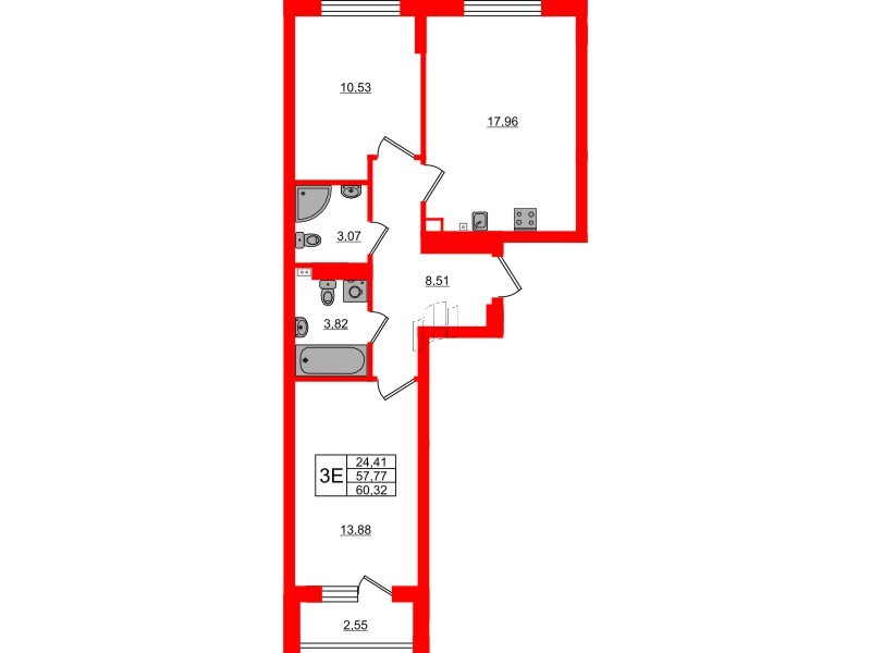 Квартира в ЖК «Новая история», 2 комнатная, 60.32 м², 3 этаж