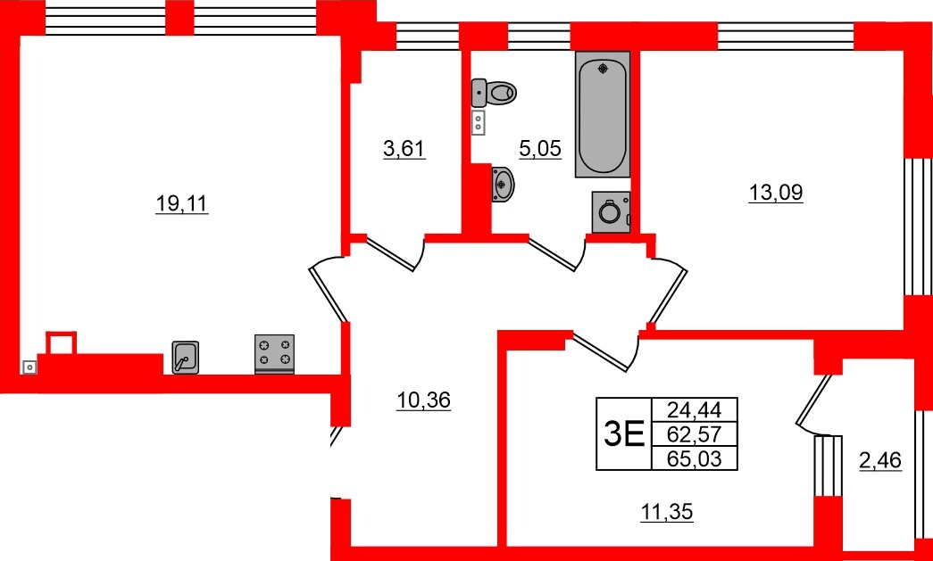 Квартира в ЖК «Новая история», 2 комнатная, 65.03 м², 1 этаж