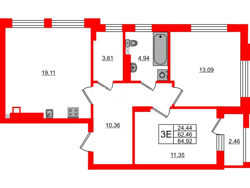 Квартира в ЖК «Новая история», 2 комнатная, 64.92 м², 3 этаж
