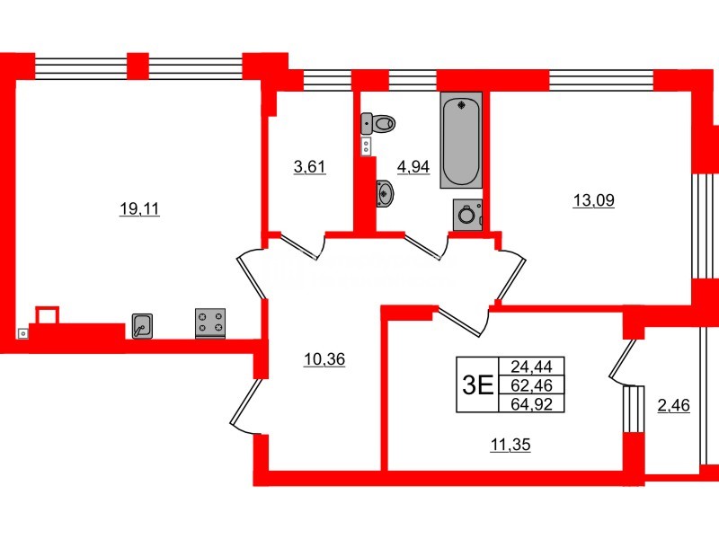 Квартира в ЖК «Новая история», 2 комнатная, 64.92 м², 4 этаж