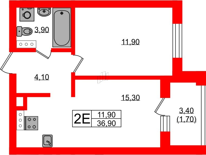 Квартира в ЖК «River Park», 1 комнатная, 36.9 м², 2 этаж