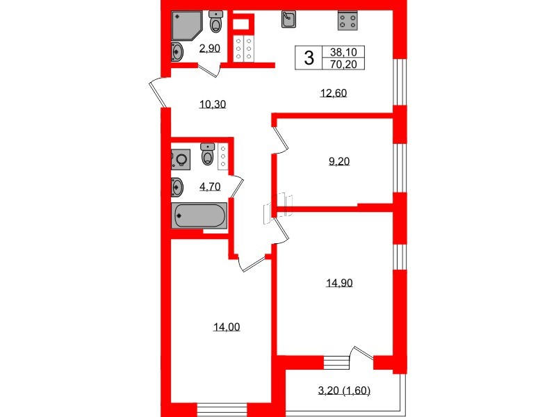 Квартира в ЖК «River Park», 3 комнатная, 70.2 м², 1 этаж