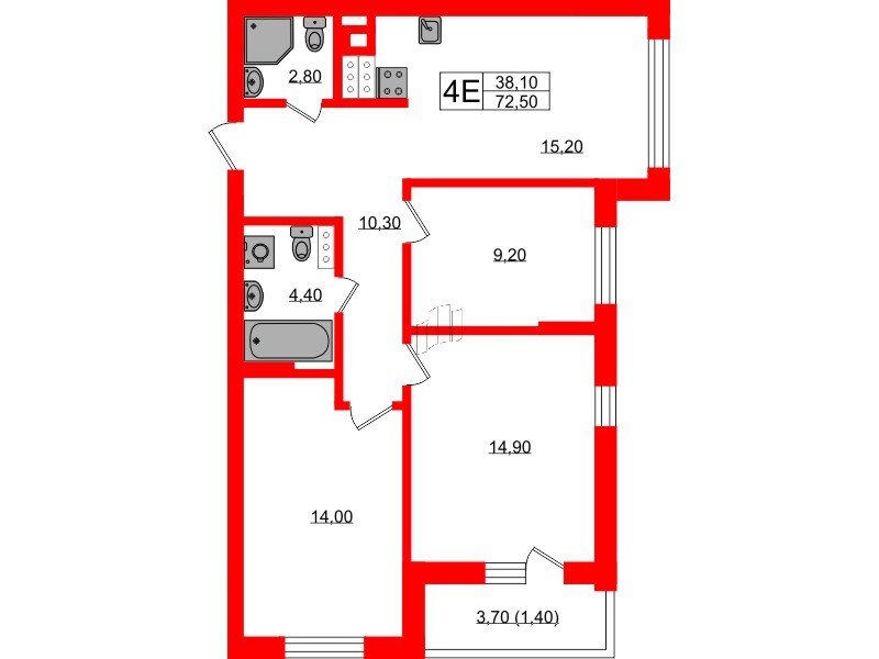 Квартира в ЖК «River Park», 3 комнатная, 72.5 м², 2 этаж
