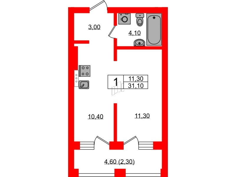 Квартира в ЖК «River Park», 1 комнатная, 31.1 м², 1 этаж