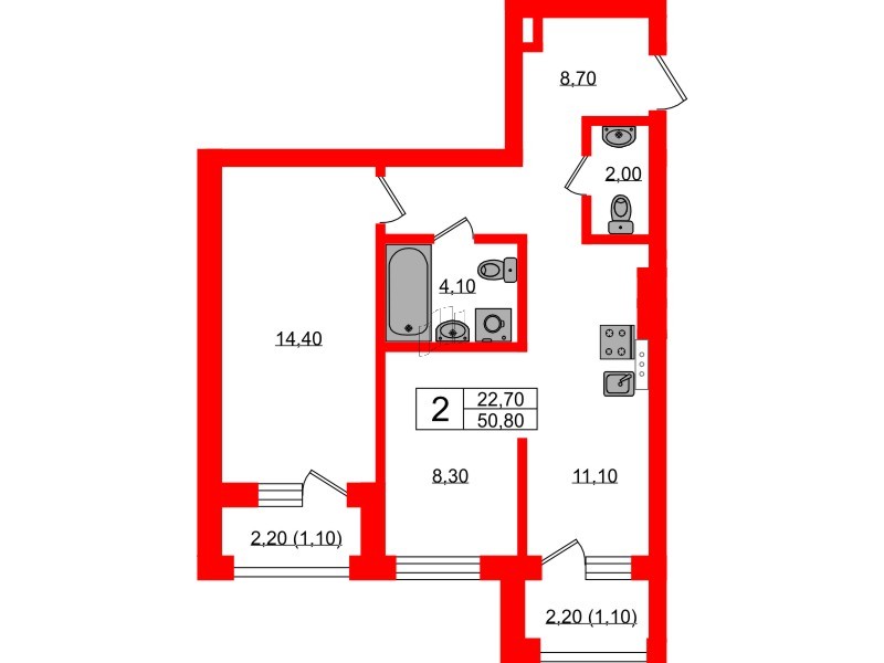 Квартира в ЖК «River Park», 2 комнатная, 50.8 м², 1 этаж