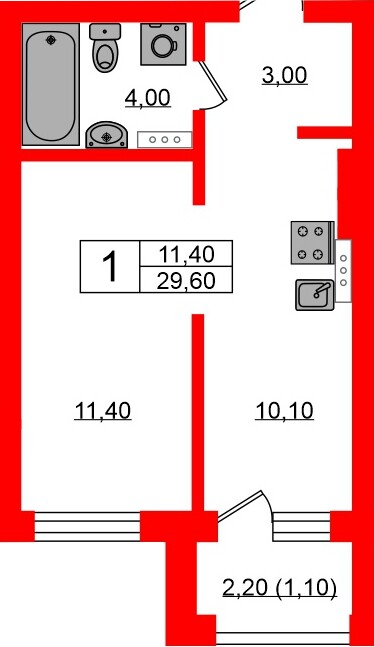 Квартира в ЖК «Ривер Парк», 1 комнатная, 29.6 м², 3 этаж