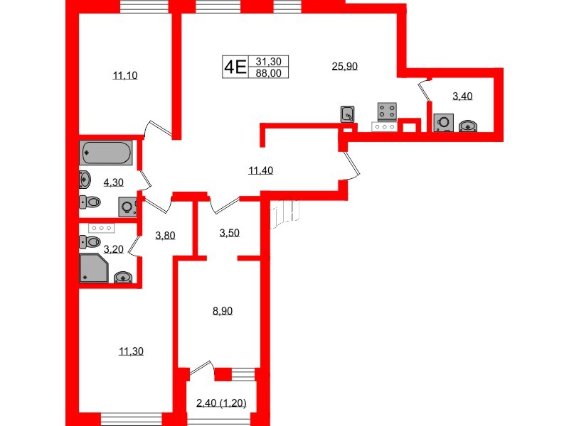 Квартира в ЖК «River Park», 3 комнатная, 88 м², 6 этаж