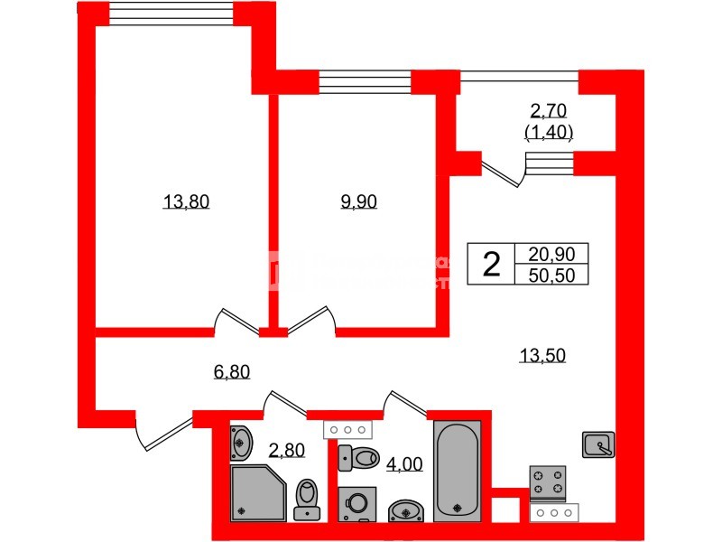 Квартира в ЖК «Речной Парк», 2 комнатная, 50.5 м², 3 этаж