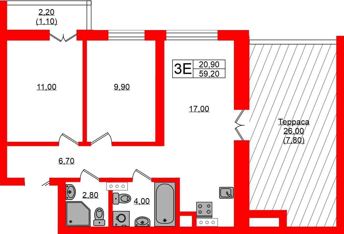 Квартира в ЖК «Речной Парк», 2 комнатная, 59.2 м², 7 этаж