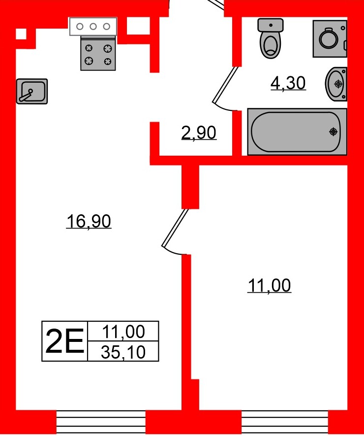 Квартира в ЖК «Ривер Парк», 1 комнатная, 35.1 м², 1 этаж