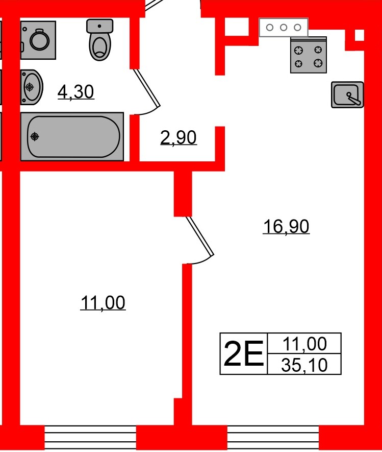 Квартира в ЖК «Ривер Парк», 1 комнатная, 35.1 м², 1 этаж