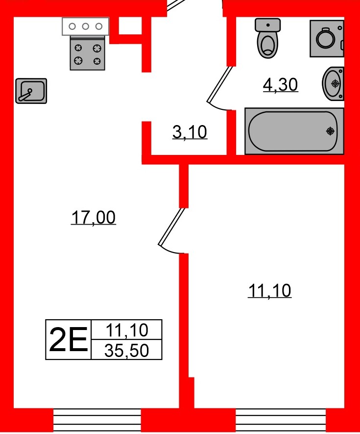 Квартира в ЖК «Ривер Парк», 1 комнатная, 35.5 м², 1 этаж