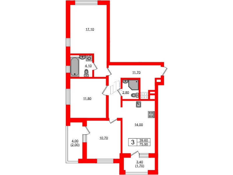 Квартира в ЖК «River Park», 3 комнатная, 75.9 м², 2 этаж