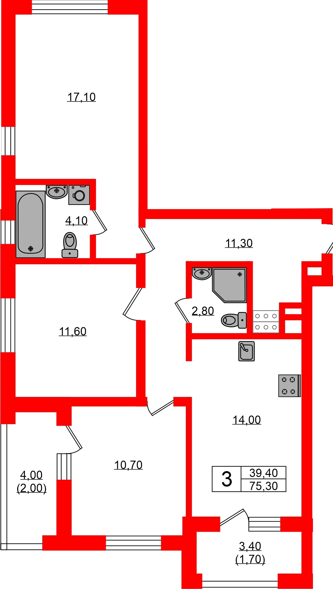 Квартира в ЖК «Речной Парк», 3 комнатная, 75.3 м², 3 этаж