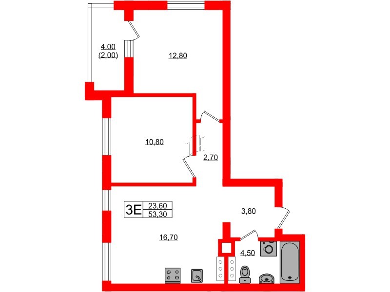 Квартира в ЖК «River Park», 2 комнатная, 53.3 м², 3 этаж