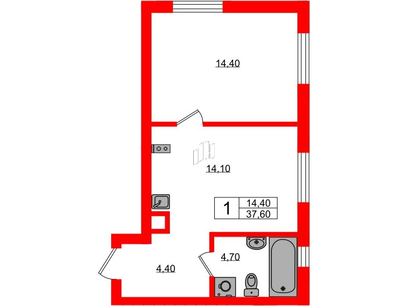 Квартира в ЖК «River Park», 1 комнатная, 37.6 м², 1 этаж