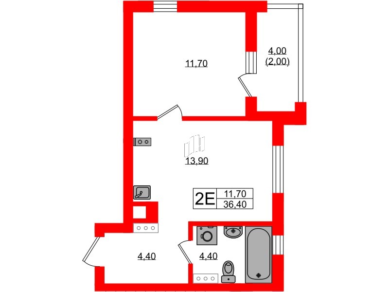 Квартира в ЖК «River Park», 1 комнатная, 36.4 м², 4 этаж