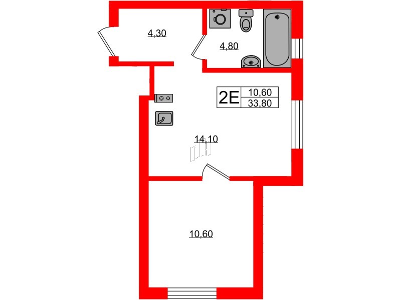 Квартира в ЖК «River Park», 1 комнатная, 33.8 м², 1 этаж