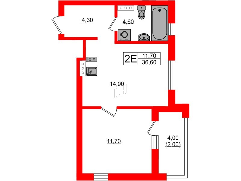 Квартира в ЖК «River Park», 1 комнатная, 36.6 м², 2 этаж