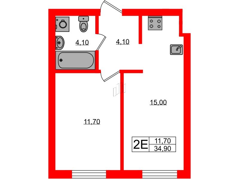 Квартира в ЖК «River Park», 1 комнатная, 34.9 м², 1 этаж