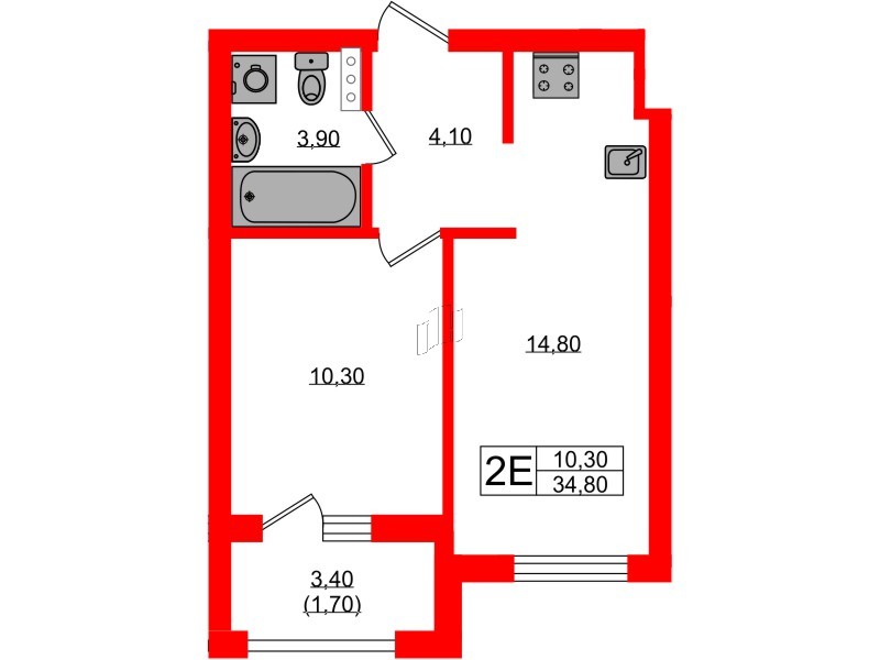 Квартира в ЖК «River Park», 1 комнатная, 34.8 м², 2 этаж