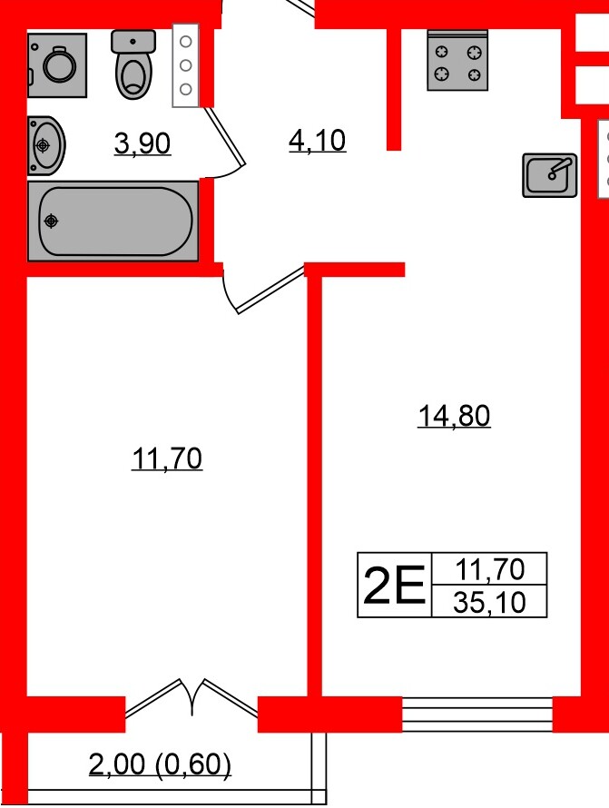 Квартира в ЖК «Ривер Парк», 1 комнатная, 35.1 м², 6 этаж
