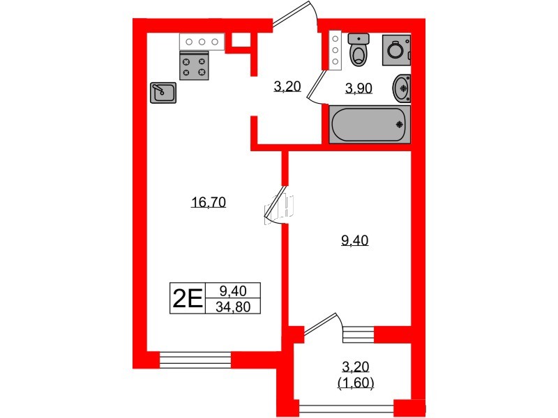 Квартира в ЖК «River Park», 1 комнатная, 34.8 м², 2 этаж