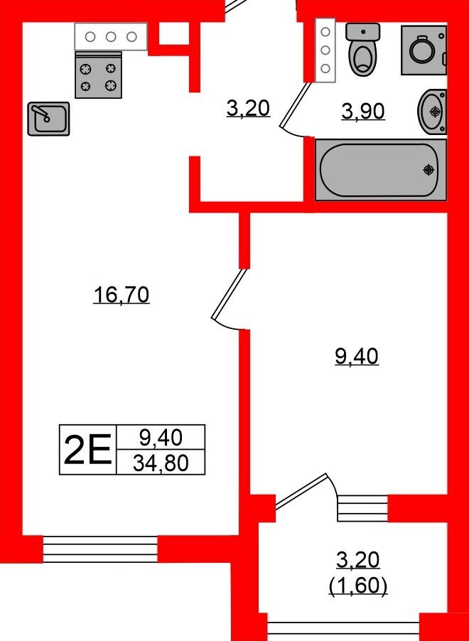 Квартира в ЖК «Ривер Парк», 1 комнатная, 34.8 м², 3 этаж