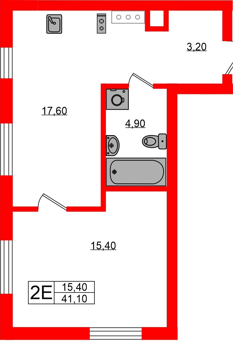Квартира в ЖК «Ривер Парк», 1 комнатная, 41.1 м², 1 этаж
