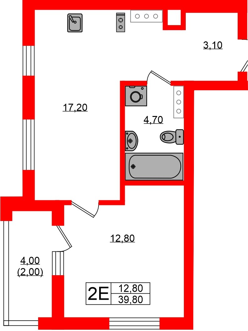 Квартира в ЖК «Речной Парк», 1 комнатная, 39.8 м², 3 этаж