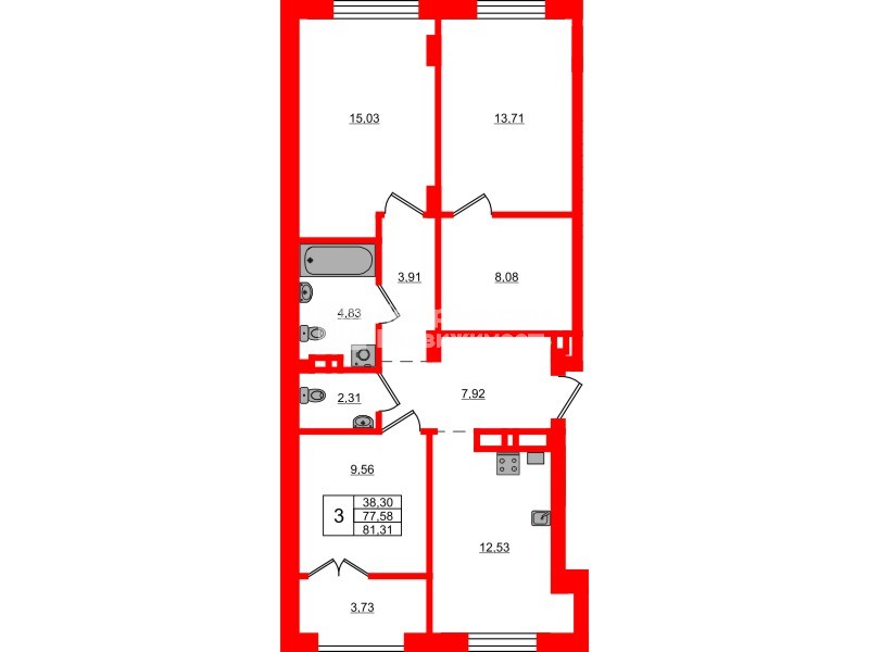 Квартира в ЖК «Включи», 3 комнатная, 81.31 м², 2 этаж
