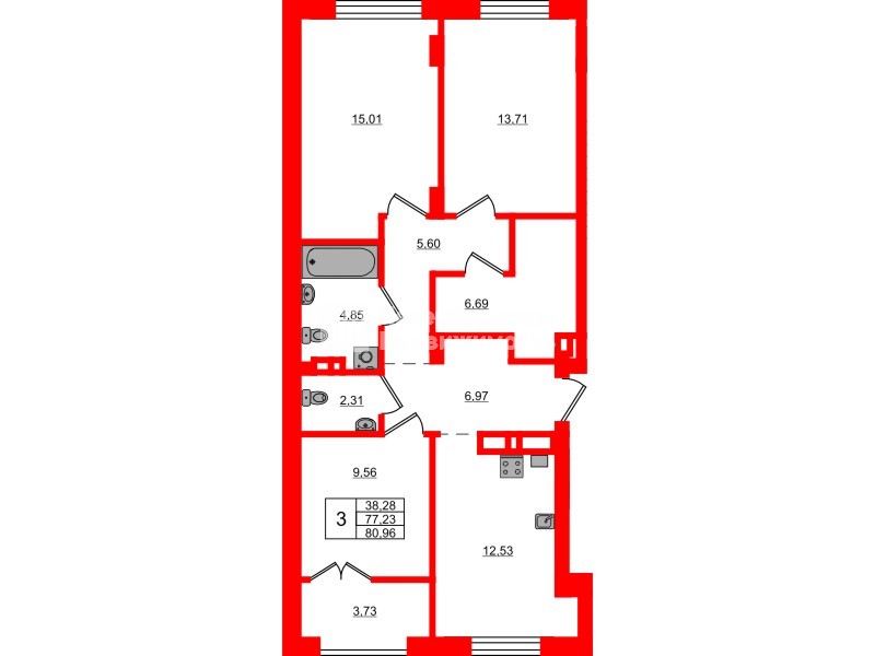Квартира в ЖК «Включи», 3 комнатная, 80.96 м², 5 этаж