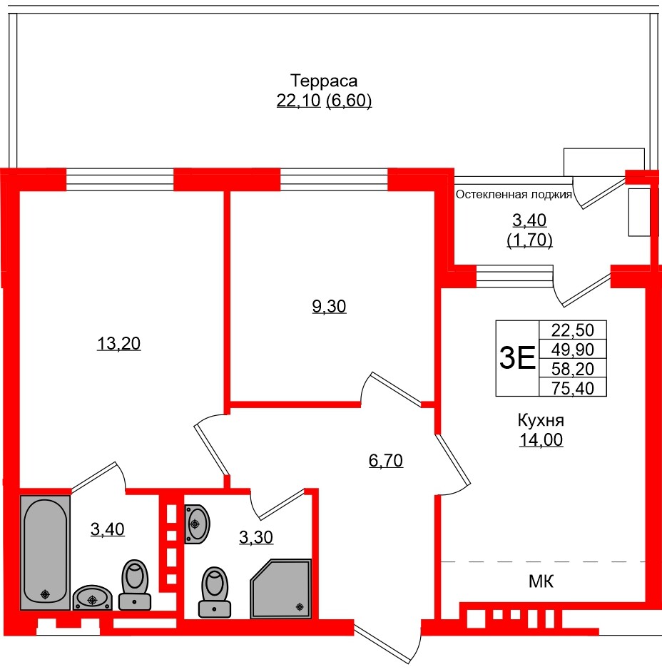 Квартира в ЖК Кроны и Волны, 2 комнатная, 58.2 м², 1 этаж