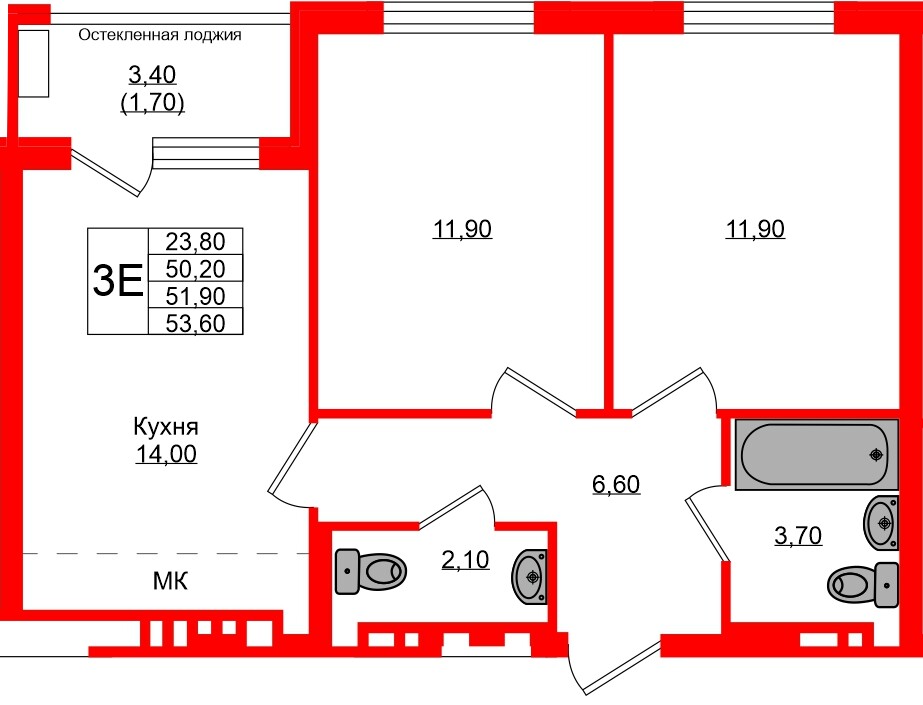 Квартира в ЖК «Кроны и Волны», 2 комнатная, 51.9 м², 2 этаж