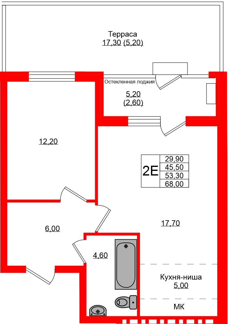Квартира в ЖК Кроны и Волны, 2 комнатная, 53.3 м², 1 этаж