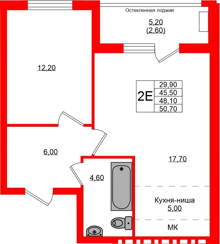 Квартира в ЖК Кроны и Волны, 2 комнатная, 48.1 м², 2 этаж