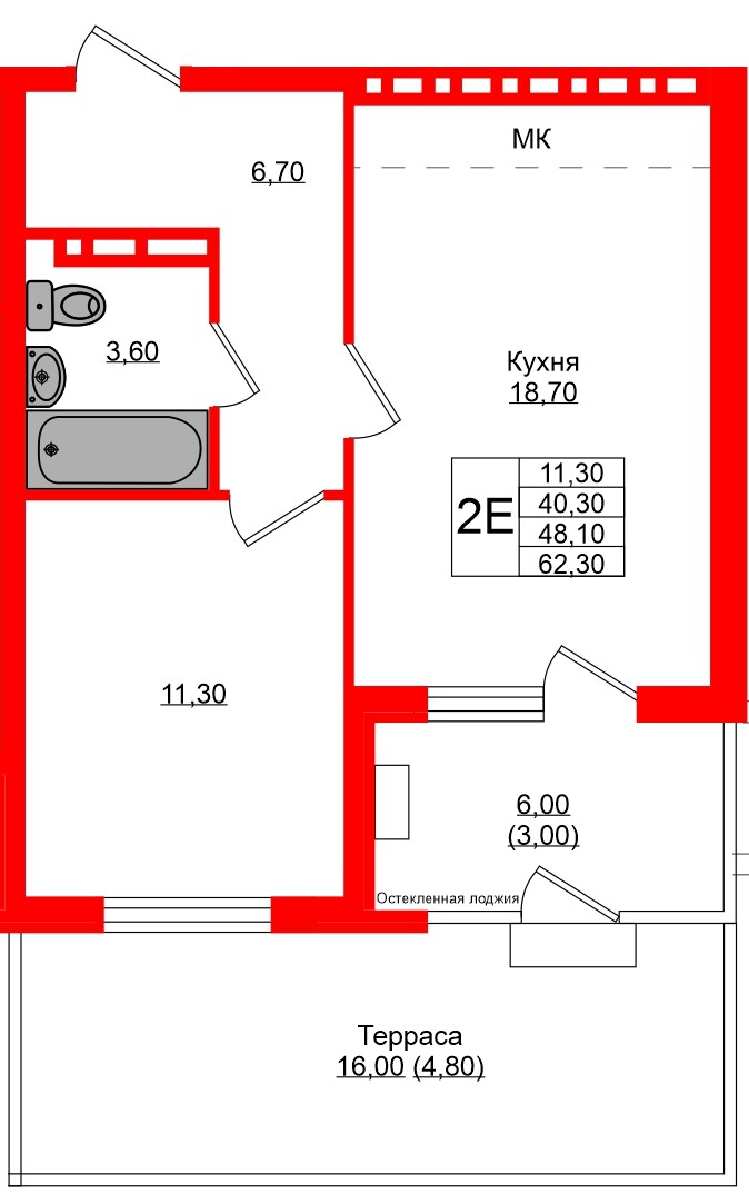 Квартира в ЖК Кроны и Волны, 1 комнатная, 48.1 м², 1 этаж