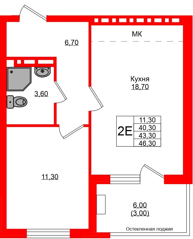 Квартира в ЖК Кроны и Волны, 1 комнатная, 43.3 м², 2 этаж